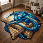 Dragon Tome shaped rug – blue dragon on books