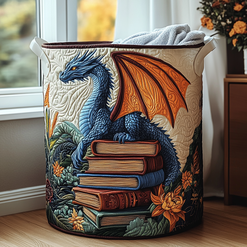 Quilted laundry basket with a Dragon Valley design of red and green dragons flying above rolling green hills and trees, with wave stitching and carry handles