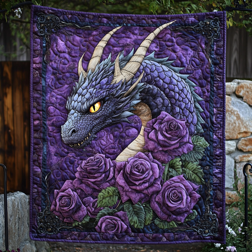 Violet Dragon and Roses quilted throw – violet dragon over purple roses