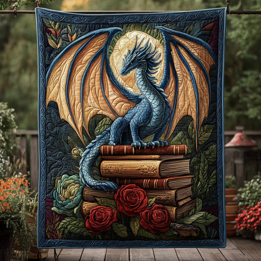 Wise Dragon quilted throw – blue dragon on books and roses beneath the moon