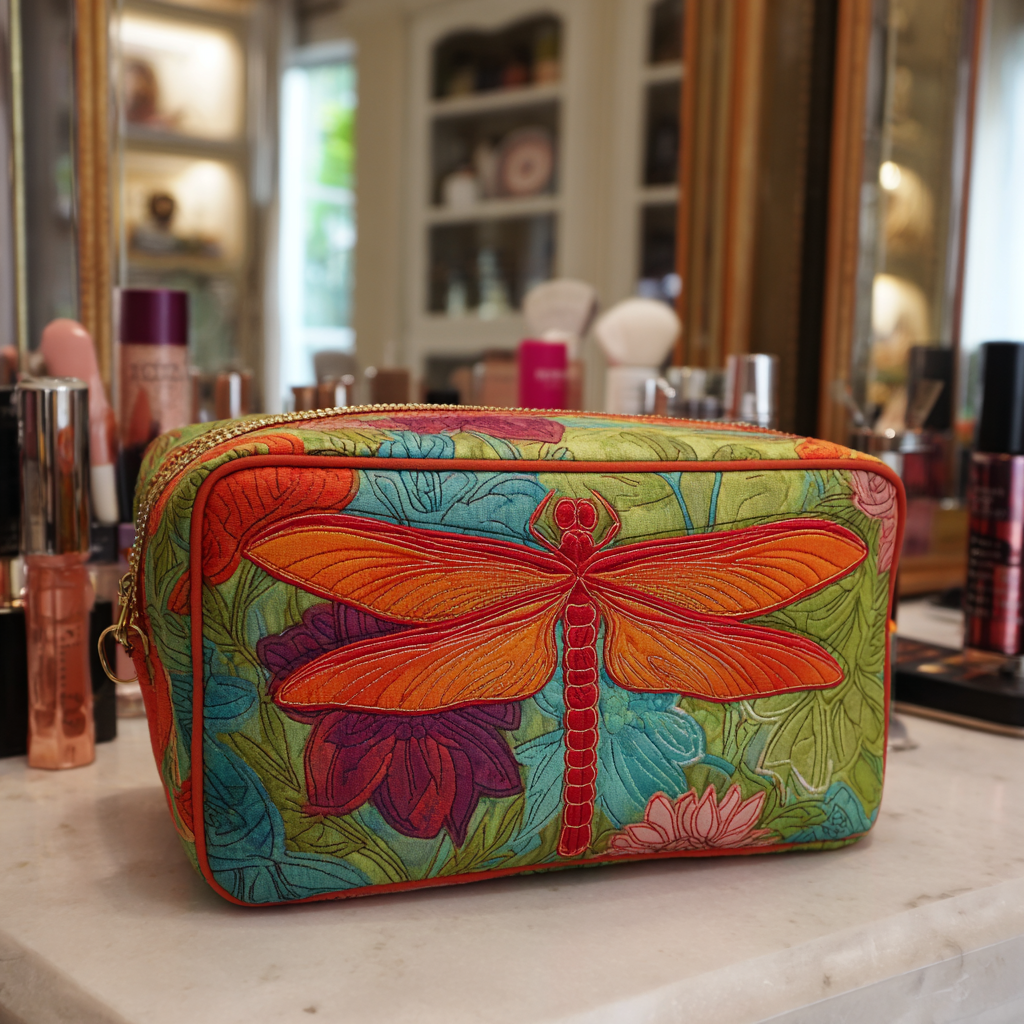 Dragonfly Bloom quilted make-up bag with orange dragonfly on bright floral patchwork