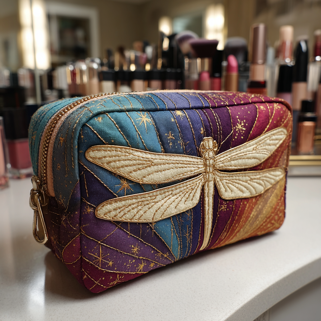 Dragonfly Charm quilted make-up bag with golden dragonfly over rainbow patchwork rays