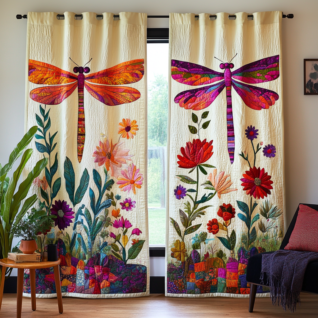 Twin Dragonflies quilted curtains – dragonflies above wildflowers