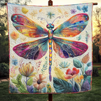 Rainbow Dragonfly quilted throw – rainbow-winged dragonfly above pastel flowers