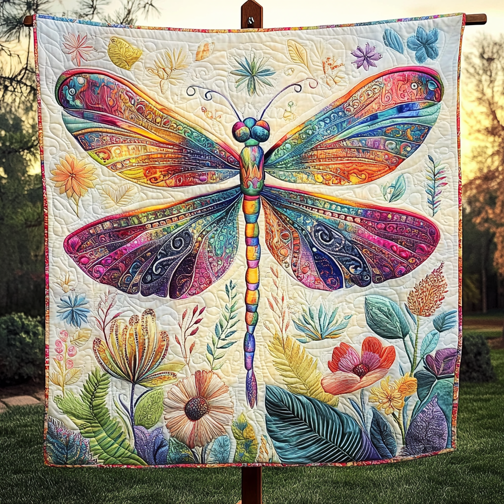 Rainbow Dragonfly quilted throw – rainbow-winged dragonfly above pastel flowers