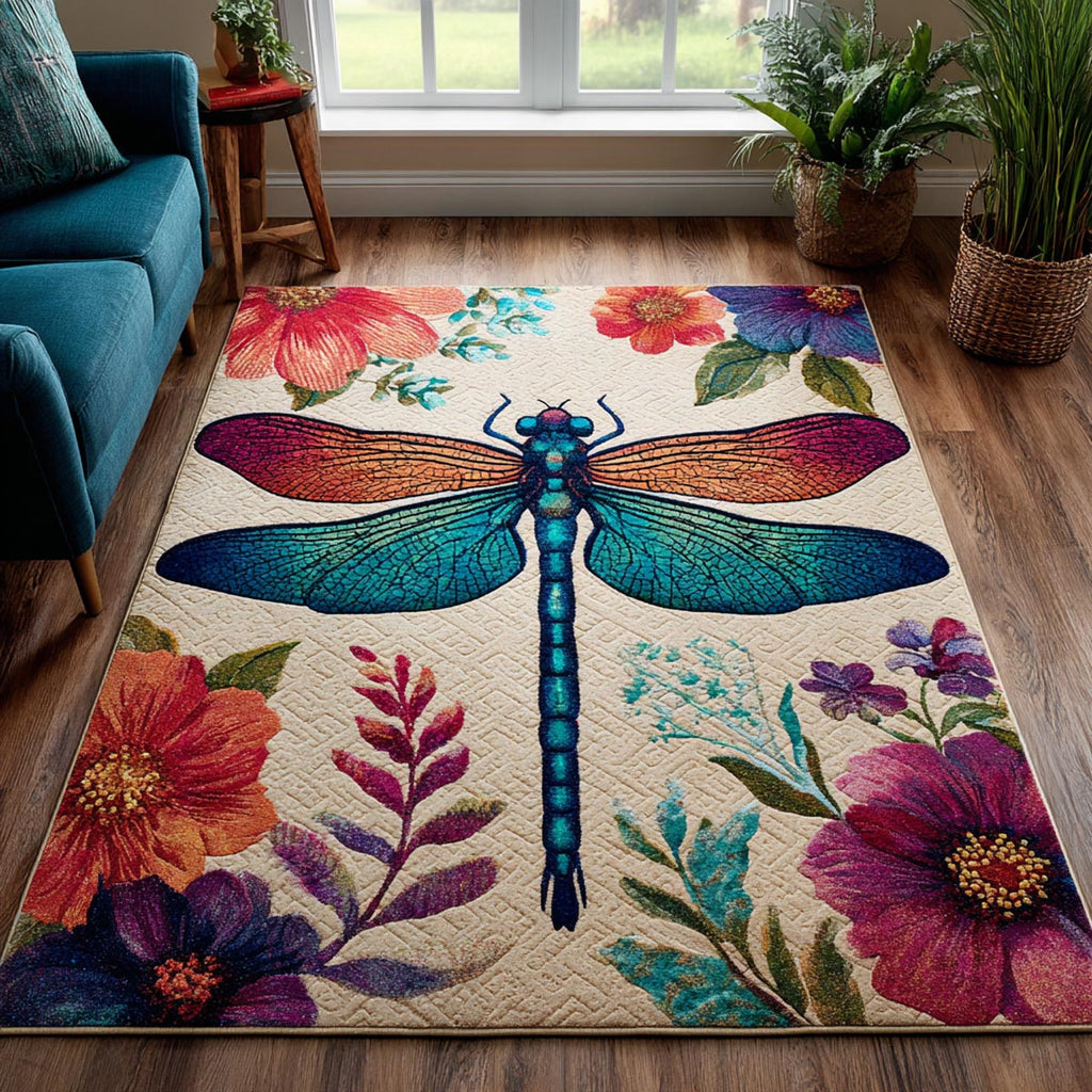 Dragonfly Drift rug – dragonfly and flowers on cream