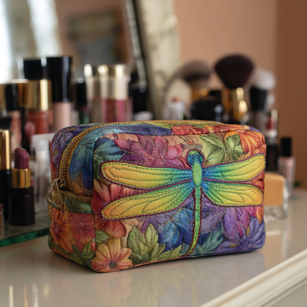 Dragonfly Fields quilted make-up bag with green and gold dragonfly on rainbow floral patchwork