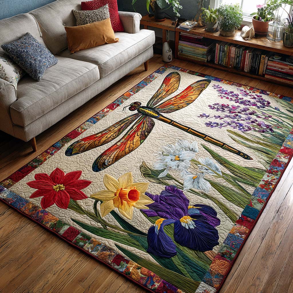Iris Dragonfly Garden rug – dragonfly and garden flowers