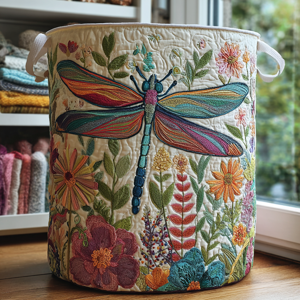 Quilted laundry basket with a bright dragonfly over cottage garden flowers