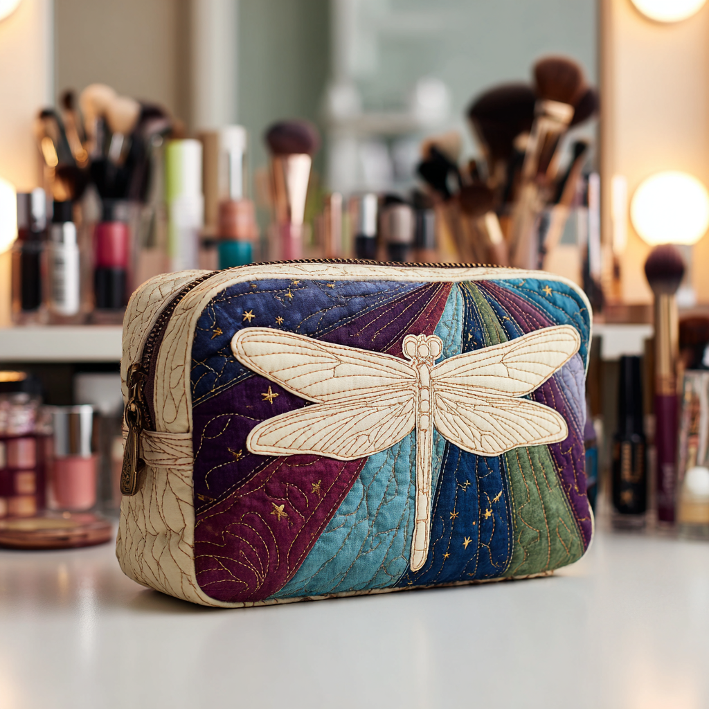 Dragonfly Garden quilted make-up bag with cream dragonfly on navy and purple rays