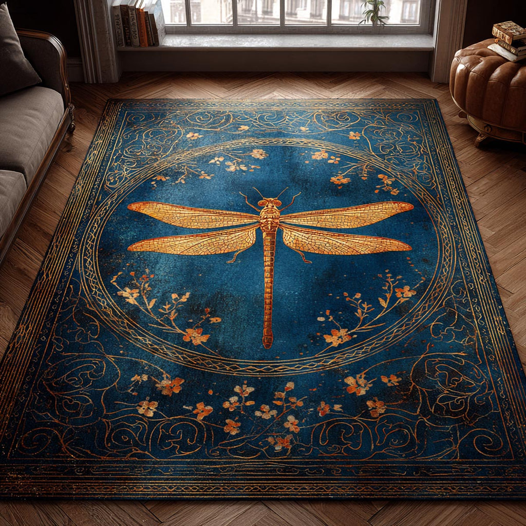 Golden Dragonfly Medallion rug – golden dragonfly on blue