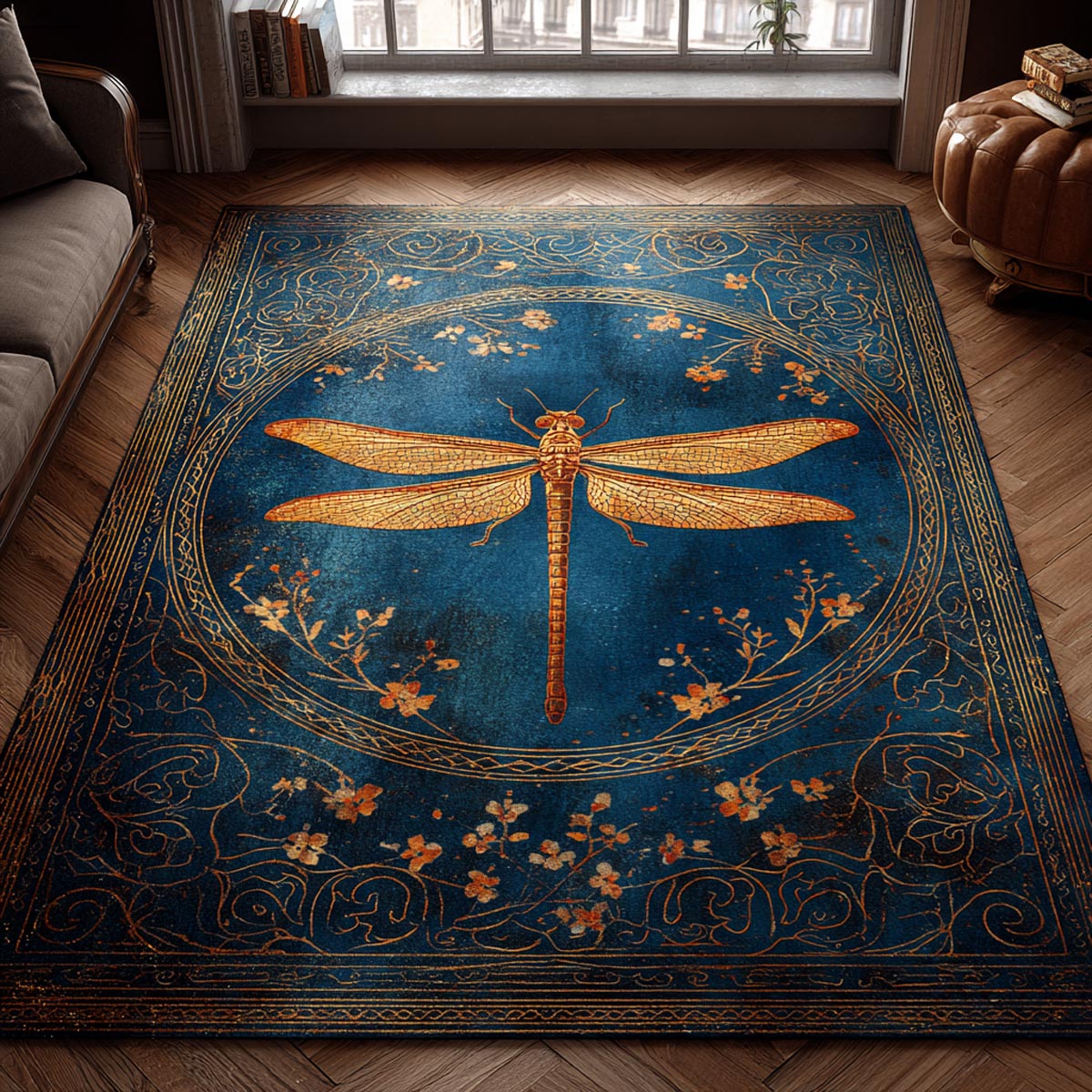 Golden Dragonfly Medallion rug – golden dragonfly on blue