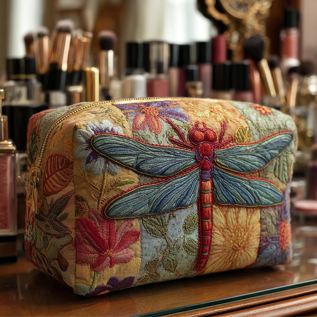Dragonfly Grace quilted make-up bag with blue and red dragonfly on floral patchwork