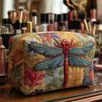 Dragonfly Grace quilted make-up bag with blue and red dragonfly on floral patchwork