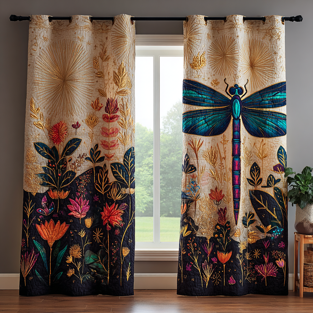 Midnight Dragonfly quilted curtains – dragonfly above dark florals