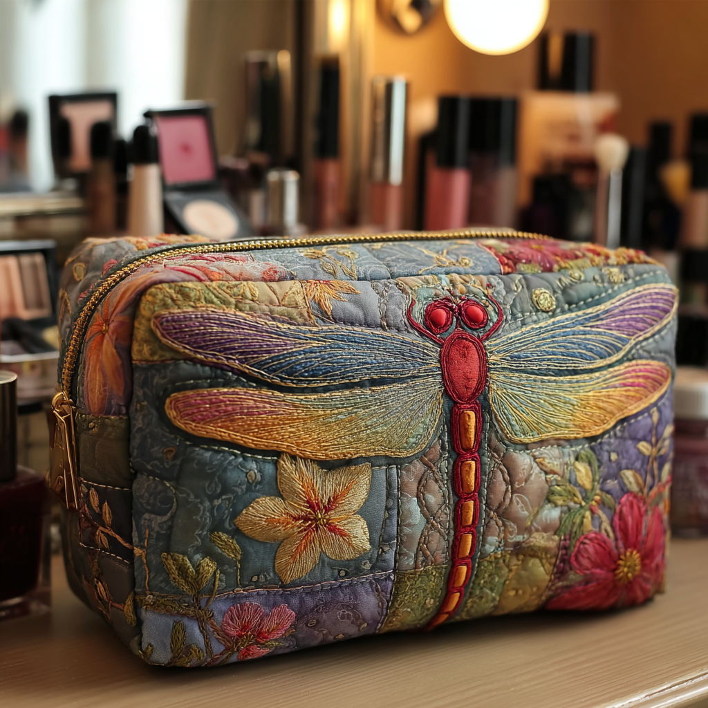 Dragonfly Meadow quilted make-up bag with red and teal dragonfly on soft floral patchwork