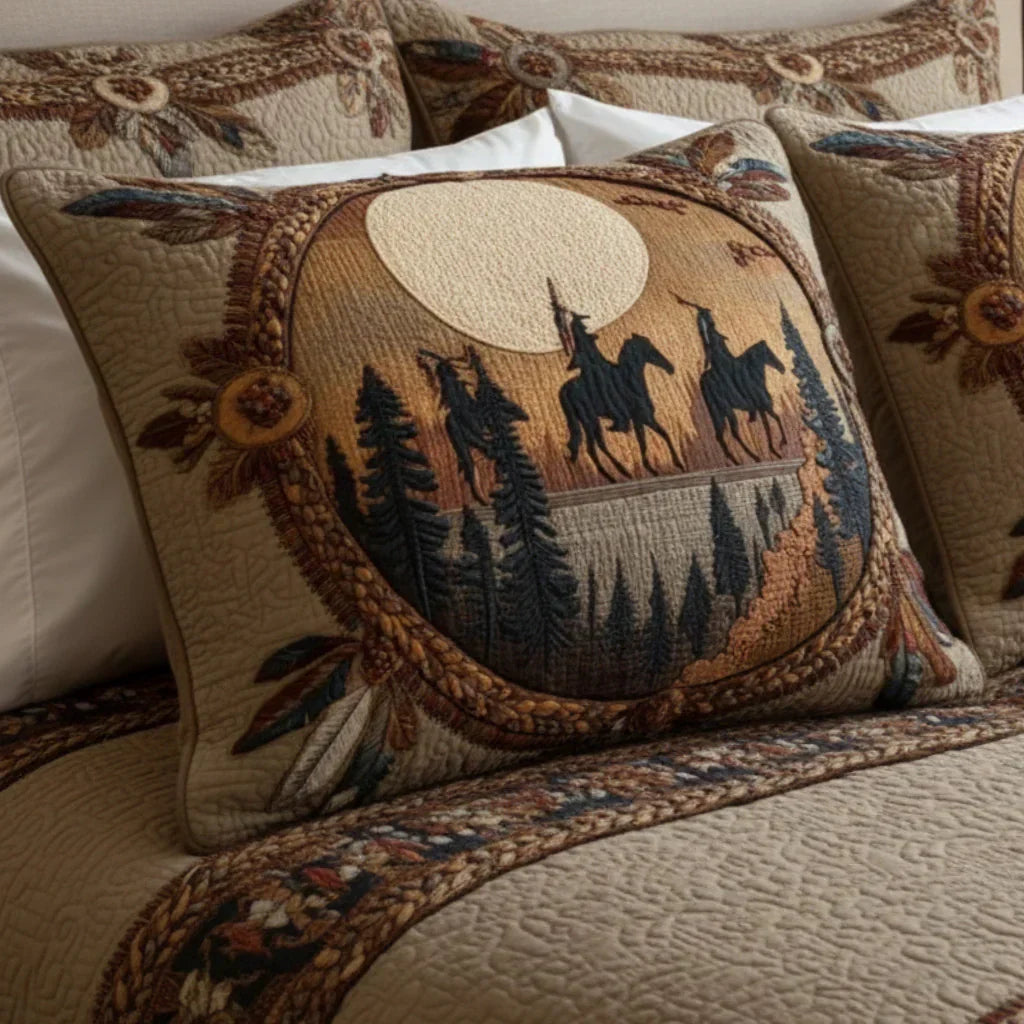 Quilted pillowcase with the Dreamcatcher design, a round dreamcatcher with fine webbing and falling feathers at the centre of the quilted front