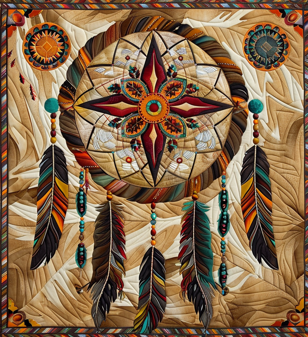 Dreamcatcher quilted throw – dreamcatcher with feathers on warm sand