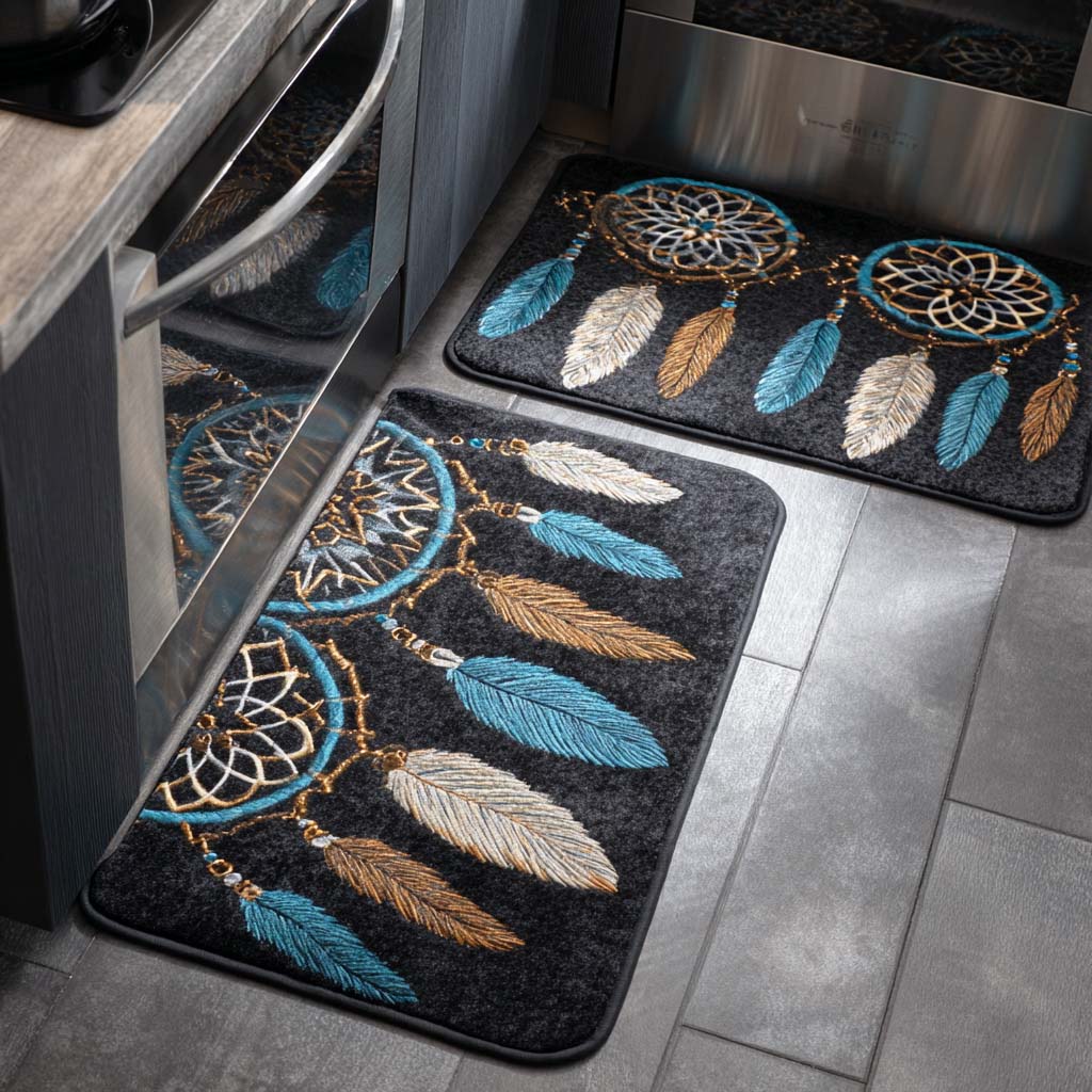 Dreamcatcher Sky kitchen mat set – dreamcatchers and feathers