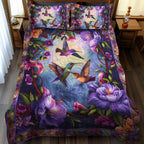 Hummingbird Orchids quilted bedspread set – hummingbirds among purple orchids
