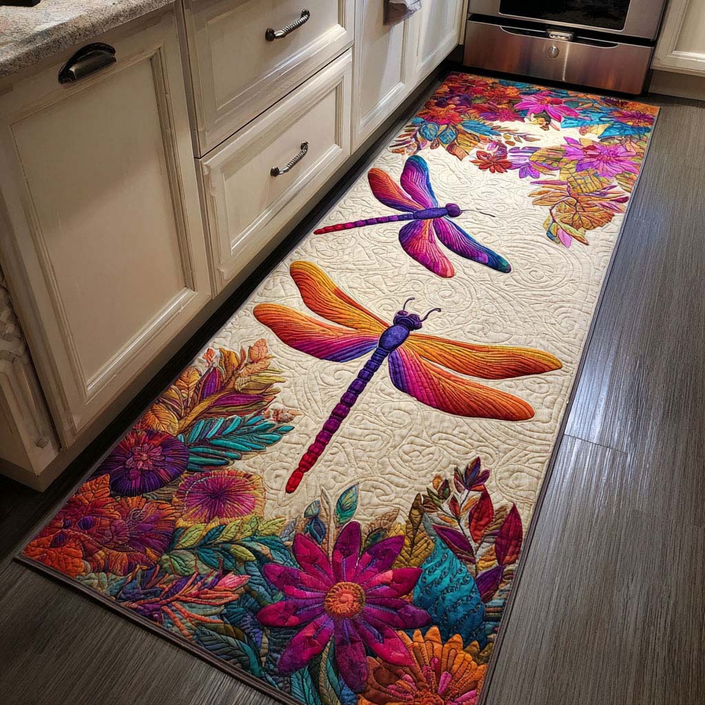 Enchanting Dragonfly kitchen mat set – dragonflies and flowers