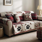 Plaid Paw Prints quilted sofa cover – paw prints with red plaid