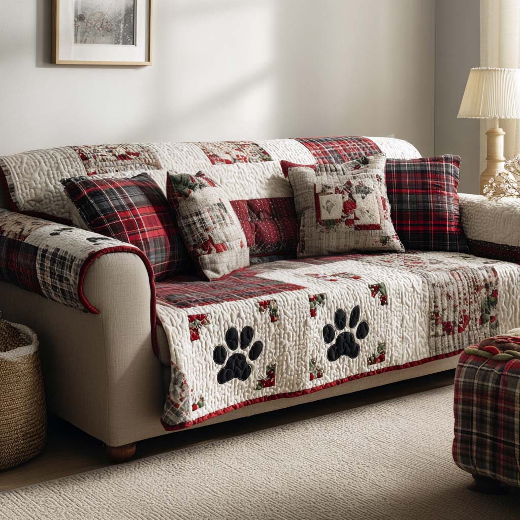 Plaid Paw Prints quilted sofa cover – paw prints with red plaid