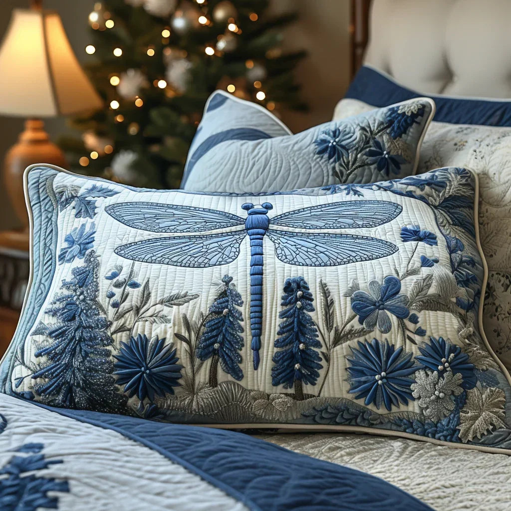 Quilted pillowcase with the Drifting Wings design of birds crossing an open sky with wings spread wide in muted blues and greys