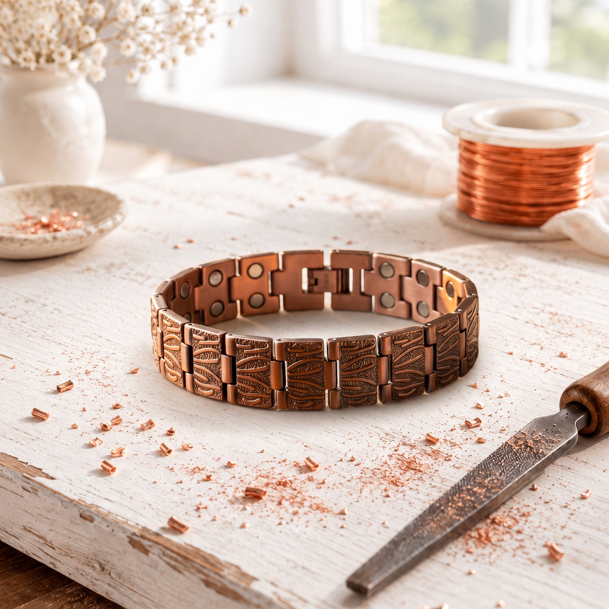 Men's magnetic copper link bracelet embossed with a feather pattern