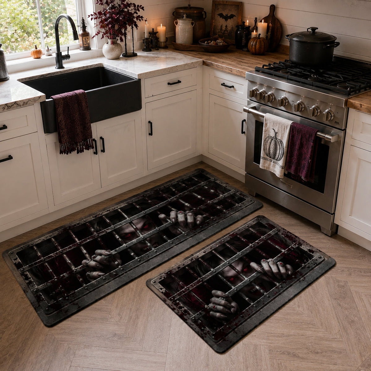 Dungeon Cell kitchen mat set – hands through iron bars
