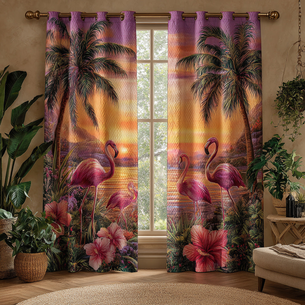 Flamingo Sunset Palms quilted curtains – flamingos under a sunset