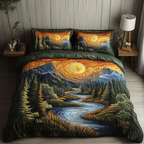 Moonlit River quilted bedspread set – river through pines under a golden moon