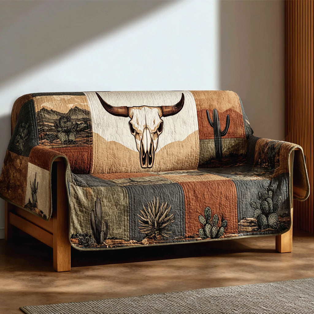 Dustland Longhorn quilted sofa cover with a longhorn skull on a cream desert panel with mesas, cacti and agave