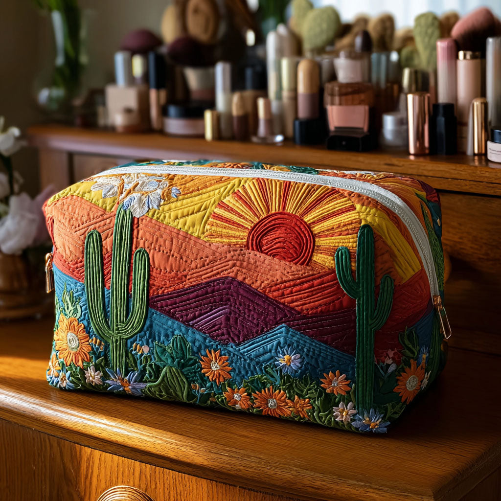 Dusty Trails quilted make-up bag with saguaro cacti and a setting sun over layered desert hills