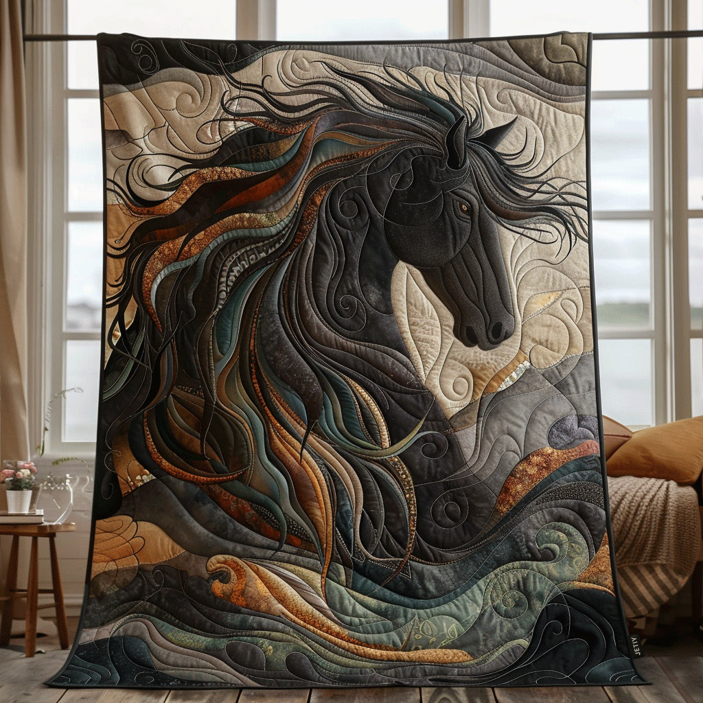 Black Stallion quilted throw – black stallion with a windswept mane