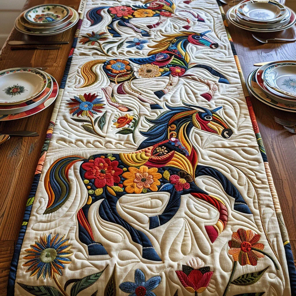 Quilted table runner with a Galloping Horses design of horses at full gallop with manes and tails streaming