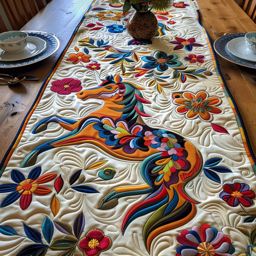 Folk Horse Blooms quilted table runner – folk art horse among blooms