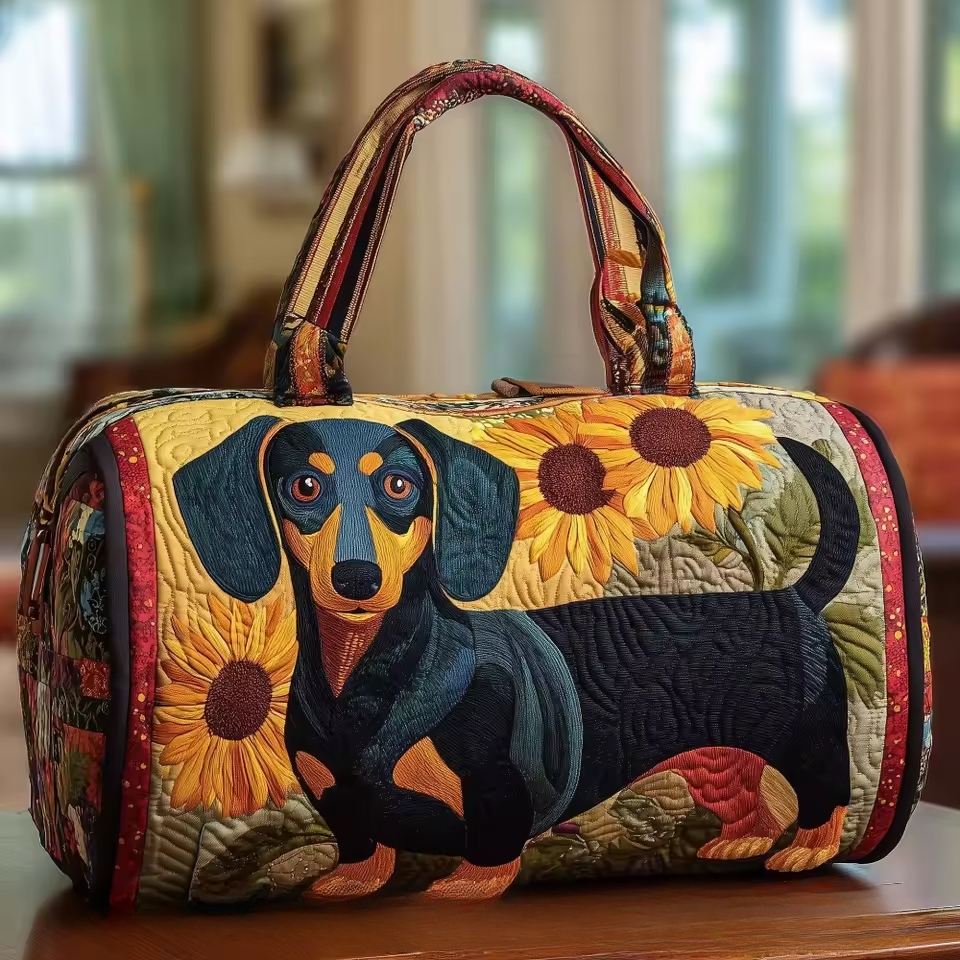 Sunflower Dachshund quilted travel bag – dachshund with sunflowers