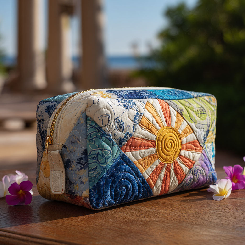 Quilted make-up bag with the Earth Spirit design of toadstools, ferns and retro flowers in earthy brown, moss green and burnt orange