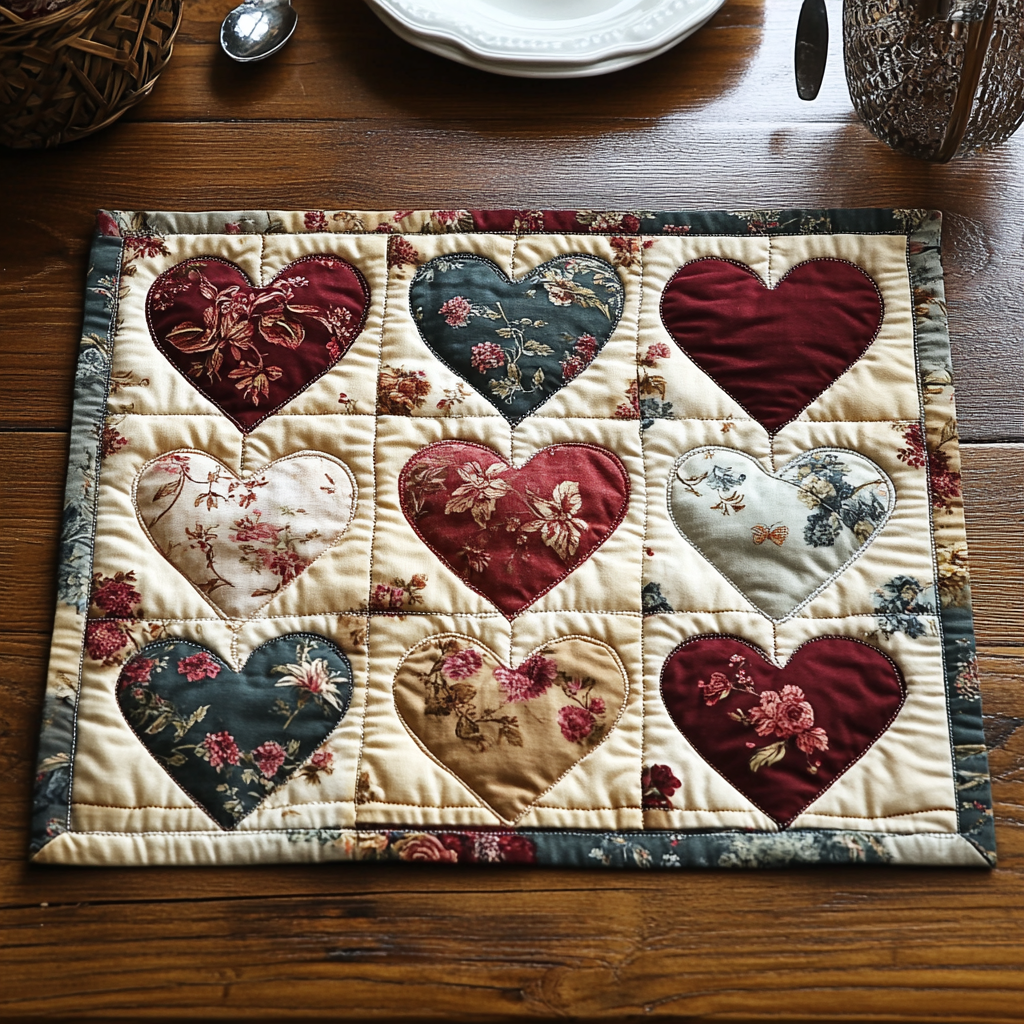 Patchwork Floral Hearts quilted placemats – nine floral hearts
