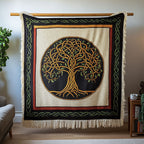Golden Knot Tree woven sofa throw – golden knotted tree in a circle