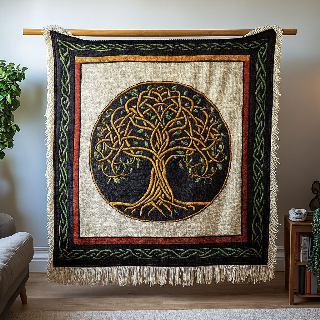 Golden Knot Tree woven sofa throw – golden knotted tree in a circle