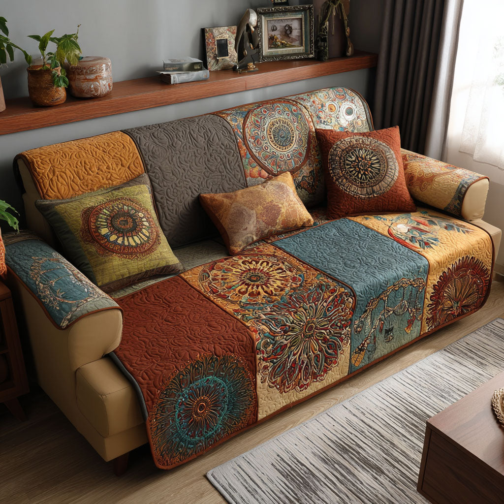 Earthy Mandala quilted sofa cover – rust and teal mandala patchwork