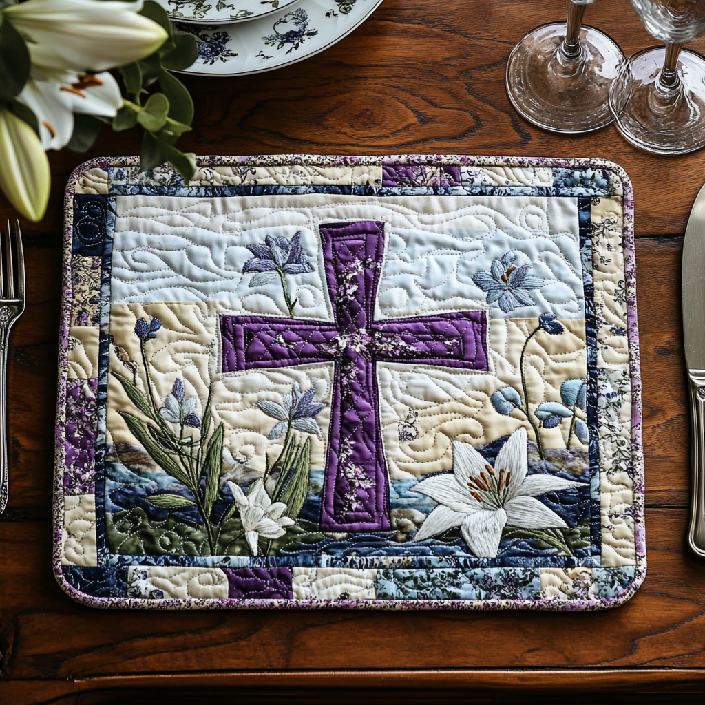 Easter Cross quilted placemats – purple cross and lilies