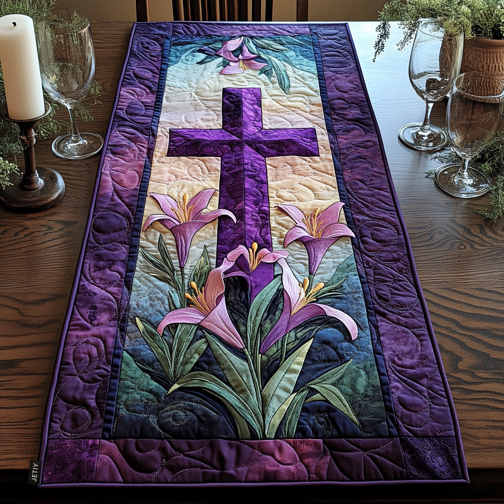 Lily Cross quilted table runner – purple cross above lilies
