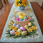 Chick and Daffodils quilted table runner – chick in a basket with daffodils