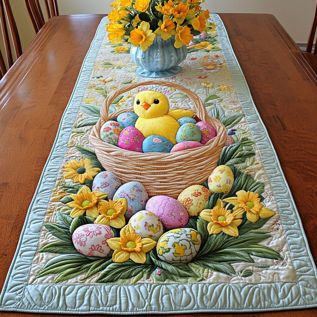 Chick and Daffodils quilted table runner – chick in a basket with daffodils