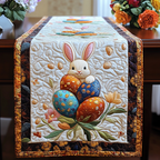 Bunny Egg Hug Cream quilted table runner – bunny hugging painted eggs