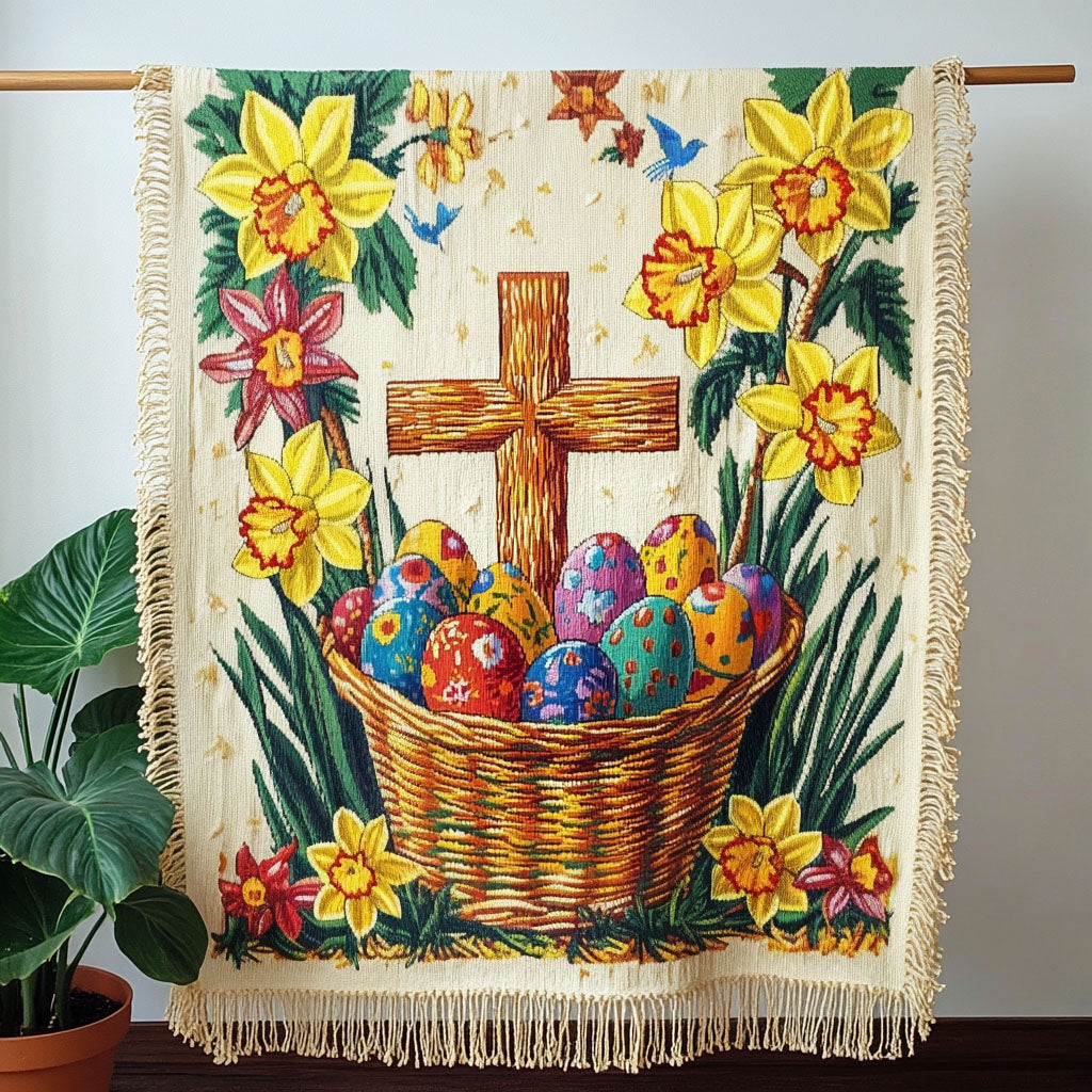 Easter Cross Basket woven sofa throw – cross above an egg basket