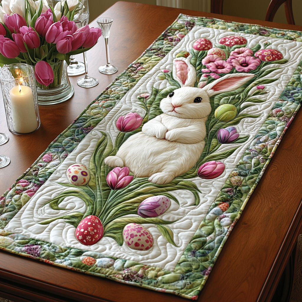Tulip Bunny quilted table runner – bunny among pink tulips
